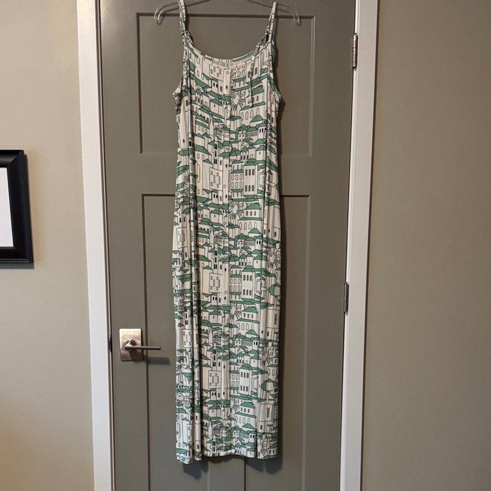 Printed Green & White Spaghetti-Strap Maxi Dress